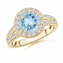 ANGARA Round Aquamarine Split Shank Ring with Diamond Halo for Women in 14K Gold - £1,601.07 GBP