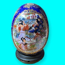 Vintage Chinese Blue Porcelain Egg Hand-Painted Moriage Pedestal  - £27.82 GBP