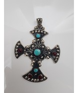 Vintage 925 Sterling Silver Cross with Turquoise, Coral, and Onix Taxco ... - $1,861.90 MXN