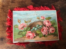 Victorian Easter Card Silk Fringe Double Sided Roses / Morning Glories Embossed - £7.75 GBP