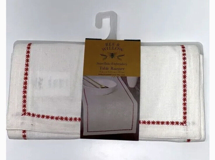 Bee & Willow Red CottonCoconut Milk Snowflake Embroidery Table Runner, 14" x 72