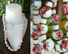 Vintage Hand Painted Porcelain Ceramic Beads Strand Necklace Roses - £34.54 GBP