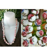 Vintage Hand Painted Porcelain Ceramic Beads Strand Necklace Roses - £34.33 GBP