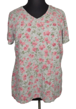 Woman Within Gray Floral Cotton Blend V Neck Tee Shirt Plus Size 22-24 - £11.94 GBP