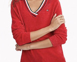 Tommy Hilfiger Chenille Rouge Col V Brodé Drapeau Pull TAILLE XS - $17.62