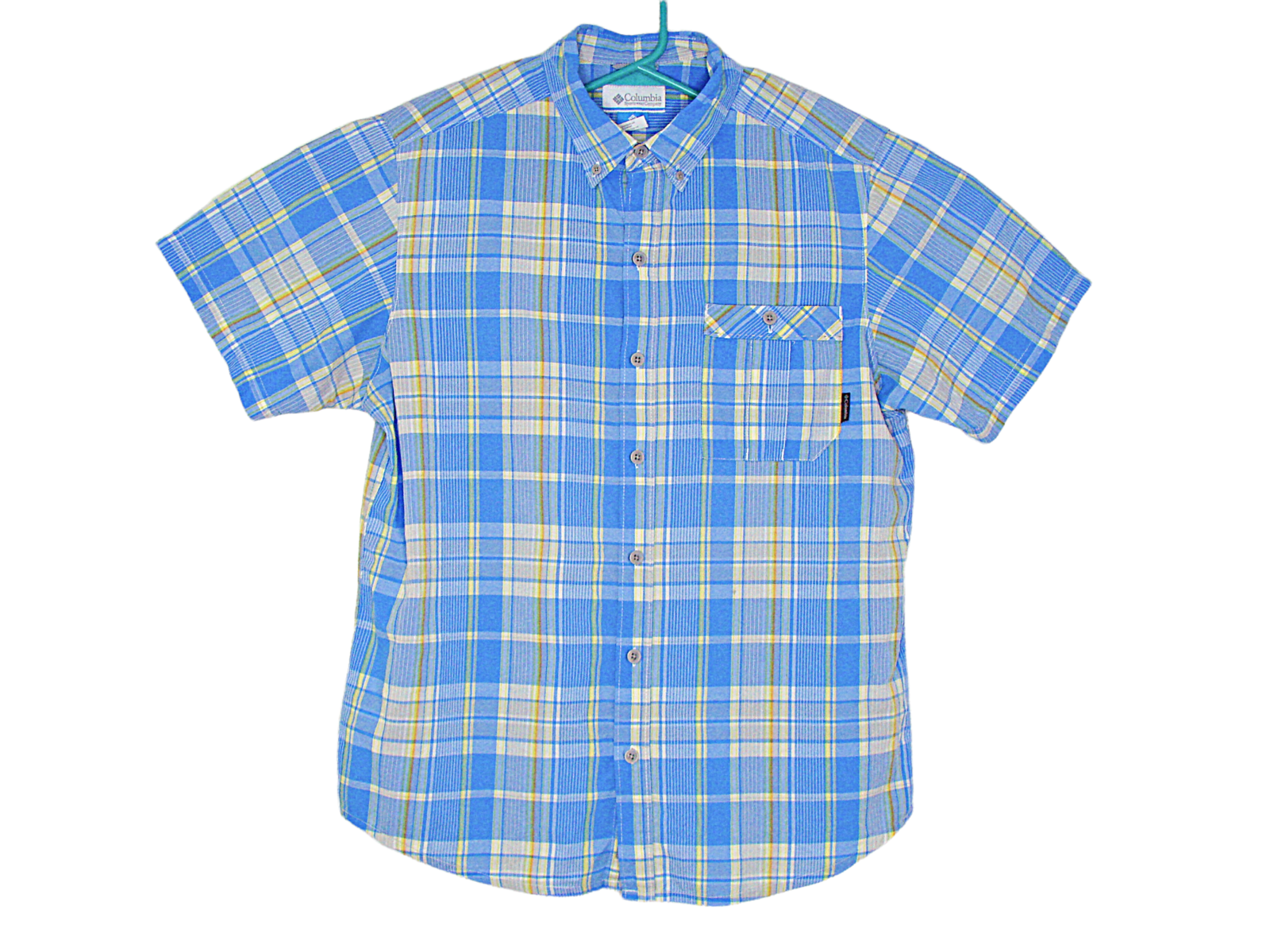 Primary image for Columbia Mens Blue Plaid 100% Cotton Short Sleeve Collared Button Front Shirt M
