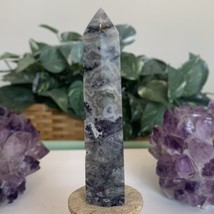 Purple Fluorite Sphalerite Quartz Crystal Carved Tower Point Wand Leans ... - £13.55 GBP