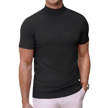 Mens Black Mock Turtleneck Tops Short Sleeve Knitted T-Shirts Basic Thermal Pull - £33.81 GBP