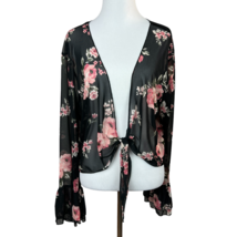 Charlotte Russe Top 2X Black Pink Floral Mesh Tie Front Topper Long Bell... - £15.67 GBP