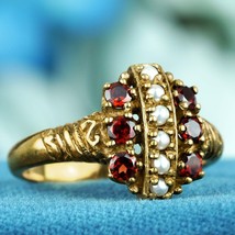 Natural Garnet and Pearl Vintage Style Ring in Solid 9K Gold - £360.58 GBP