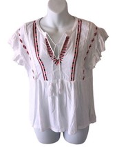 Lucky Brand Top Shirt Womens M White Embroidered Short Fluffy Peasant Boho - £13.69 GBP