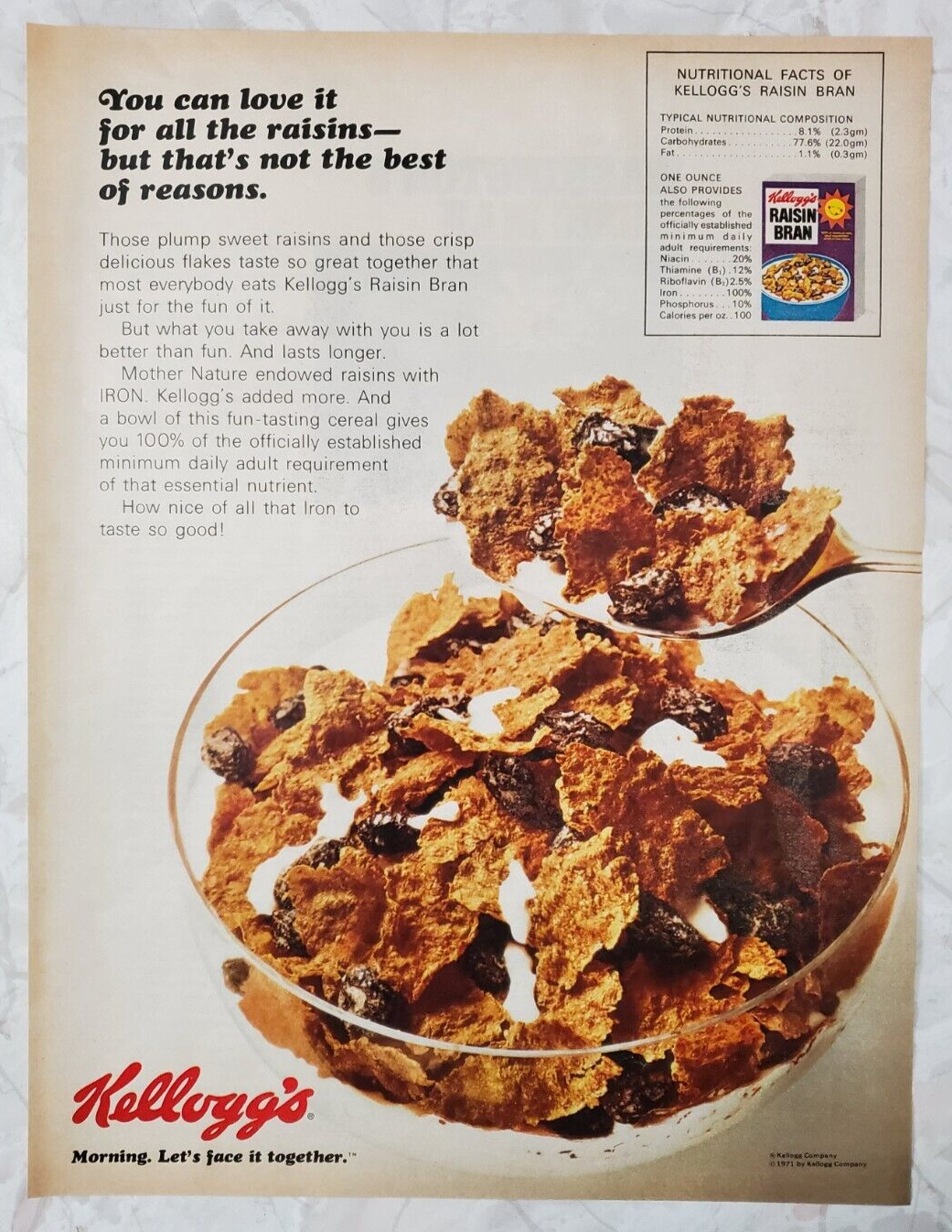 1971 Kellogg's Raisin Bran Cereal Vintage Print Ad Glass Bowl Breakfast - $9.95