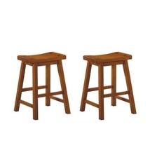 Dining 24-inch Counter Height Stools 2pc Set Saddle Seat Solid Wood Oak Finish - £125.76 GBP