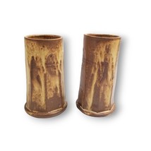 Vintage Pottery Vase Set Drip Glaze Stoneware Pair Cup Decorative SIGNED Art 70s - £39.17 GBP