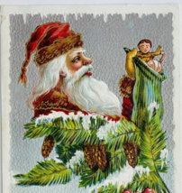 Santa Claus Brown Fur Trim Filling Stocking Gold Gild Antique Christmas ... - £8.23 GBP