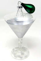 Martini Glass Christmas Ornament Blown Glass Green Olive 6&quot; Tall Glitter Silver - £17.88 GBP