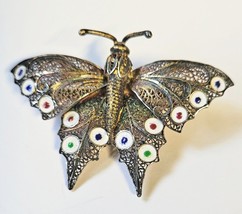 Vintage Filagree &amp; Enamel Butterfly Brooch Pin 2 1/2 Inches Wide - £15.94 GBP