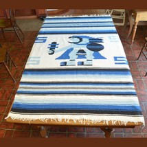 Mexican Woven Blanket Throw Mayan Inca Warrior God Blue and White Vintage - £55.71 GBP
