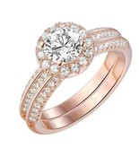 2Pcs Rose Gold 925 Sterling Silver Round AAA CZ Engagement Wedding Ring Set - £47.17 GBP