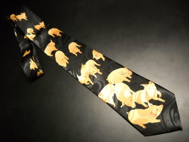 Steven Harris Neck Tie Repeating Plump Brownish Tan Pigs on a Black Background - £9.50 GBP