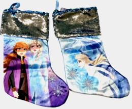 2 Disney Frozen II Christmas Stockings Elsa &amp; Elsa Flip Sequins 20” Loop... - £12.46 GBP