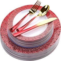 Red Plastic Dinner Plates and Red Gold Silverware - 125 Piece Disposable Premium - £63.92 GBP