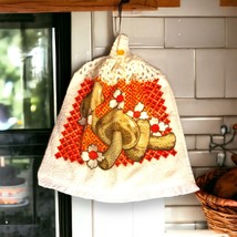 Vintage Retro 70&#39;s Hanging Dish Towel Mushrooms MCM Crochet Top w/Button - £9.72 GBP