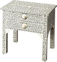 Lamp Table End Side Distressed Heritage Gray Wood Bone Inlay Carved - £1,027.98 GBP