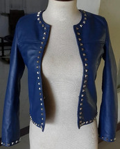 Handmade genuine sheep leather blue studded motorcycle jackets for women&#39;s - £183.84 GBP
