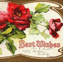 1910 Best Wishes Rose Flowers Embossed Gold Accent Art Deco Style Postcard - £7.03 GBP
