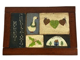 Vtg Wood Plaque Country Folk Christmas Decoration Duck Holly &amp; Hearts Blocks - £8.88 GBP