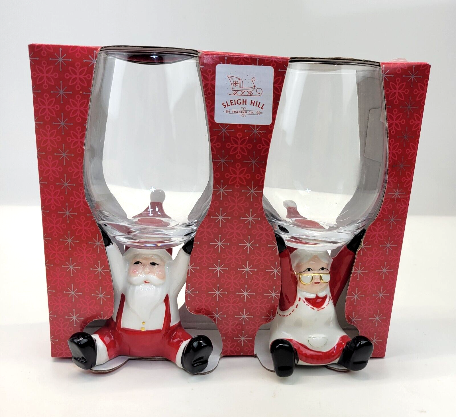Primary image for Sleigh Hill Trading Company Santa Mrs Claus Holiday Wine Glasses 3D Sculpted NEW