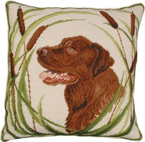 Throw Pillow Needlepoint Chocolate Lab Dog 18x18 Green Brown Wool Cotton Velvet - £230.29 GBP