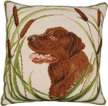 Throw Pillow Needlepoint Chocolate Lab Dog 18x18 Green Brown Wool Cotton... - £227.33 GBP