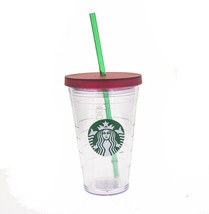 Starbucks Crystal Red Grande Green Siren Mermaid Logo Cold Cup Tumbler 16 Oz - £27.12 GBP
