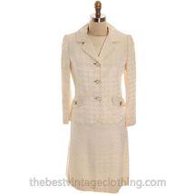VTG 1970s Lord &amp; Taylor Ivory Brocade Dress Suit Mod Rhinestone Buttons M - $89.05