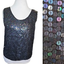 80s Womens Small Black Mermaid Sequins Tank Evening Blouse Silk Cocktail NWT - £31.05 GBP