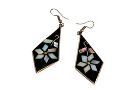 Large Mexican Earrings, Long Vintage Earrings with Enamel and Mother of Pearl  - £12.58 GBP