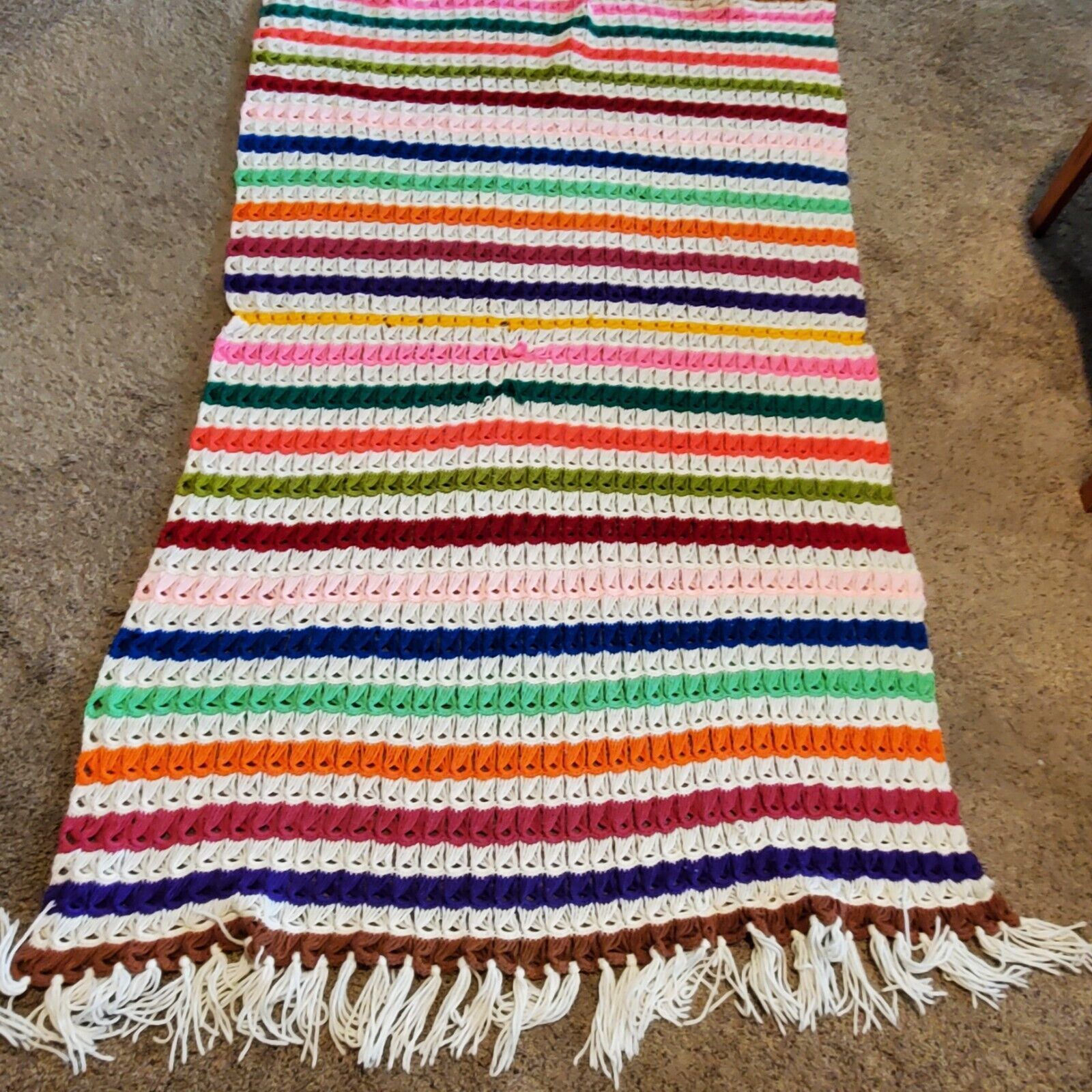 Vintage Hand Crochet Cable Stitch Afghan Wrap Throw 42x70" + Fringe Multicolor Item image 3