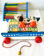 Playskool Wood Wagon &amp; Blocks + Abacus &amp; Fisher Price Toy Dog Little Snoopy Vntg - £44.96 GBP