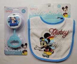 Disney Baby Mickey Mouse Light Blue Rattle BPA Free &amp; Bib Combo - $12.86