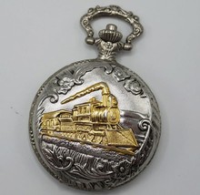 Railroad Steam Locomotive Embossed Gold Case Tone Gift Pocket Watch Quartz - $14.84
