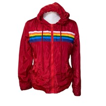New Look Red Rainbow Stripe Zip Up Hooded Windbreaker Jacket Size L - $27.84