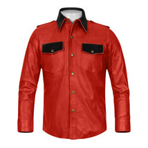 Men&#39;s Red Leather Shirt Real Soft Lambskin Handmade Stylish Casual Biker Outdoor - £84.08 GBP+