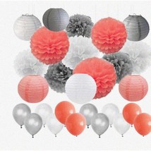 Coral Bliss Party Kit: 45pcs Tissue Paper Flowers, Pom Poms, Lanterns, a... - $30.68
