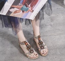 Girl Beaded Crystal Leather Sandals Comfort Summer Flip Flops Fashion Bohemia Fl - £85.70 GBP