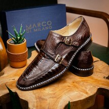 Genuine Ostrich Leg Double Monk Strap Shoes Napoli Brown image 9