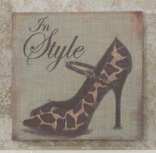 Leopard Stiletto Shoe Linen Print Wall Plaque 15.7" x 15.7" Vintage Look