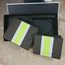 Michael Kors Billfold Wallet Box Set Brown Neon Green Logo 36H1LGFF1B NIB - £43.50 GBP
