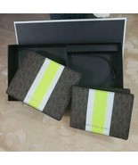 Michael Kors Billfold Wallet Box Set Brown Neon Green Logo 36H1LGFF1B NIB - £43.45 GBP
